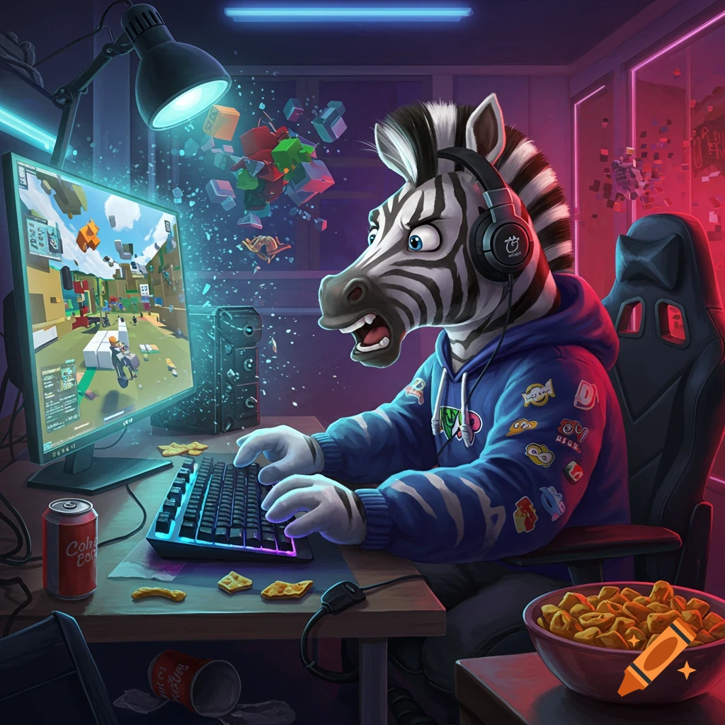A cartoon zebra with headphones sits at a glowing desk, furiously playing a video game, surrounded by snacks and a soda can.