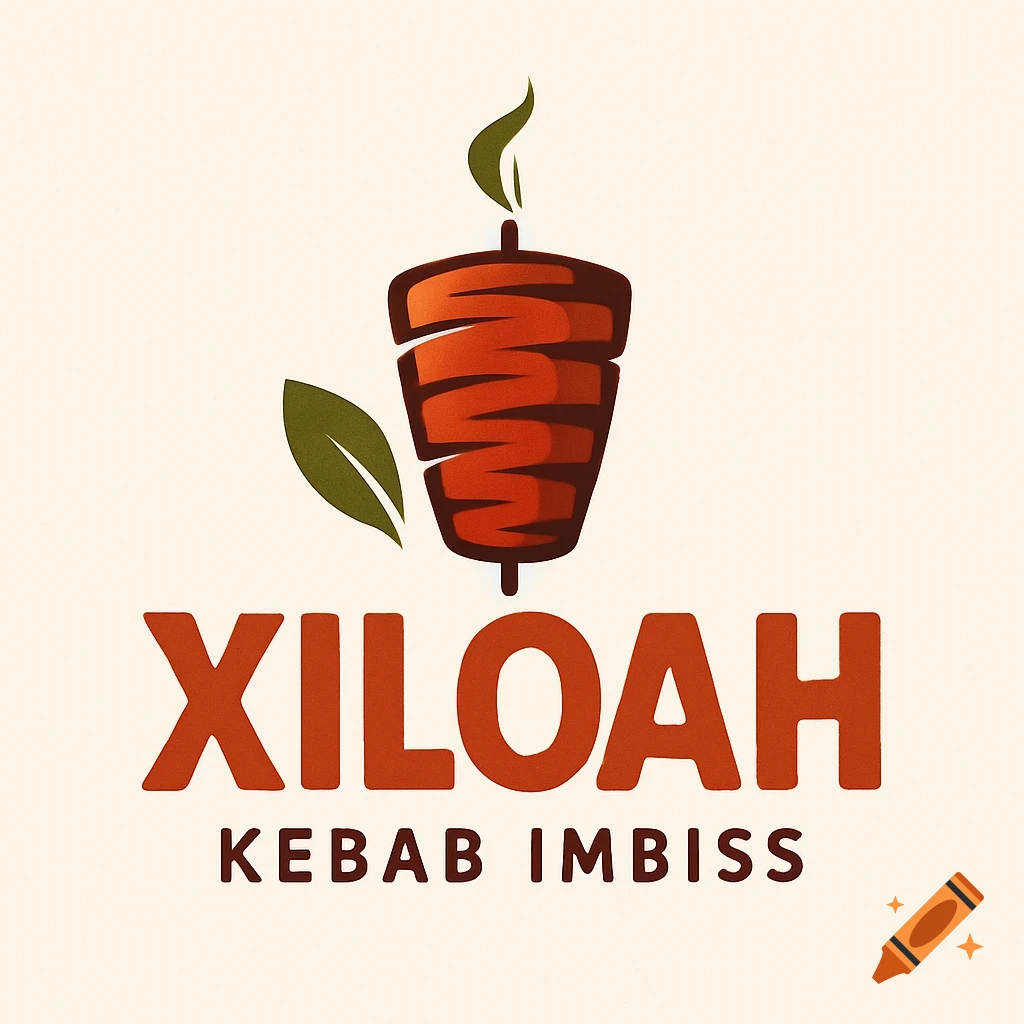 A stylized logo for Xiloah Kebab Imbiss, featuring a vertical kebab skewer with meat and green leaves on a light background.