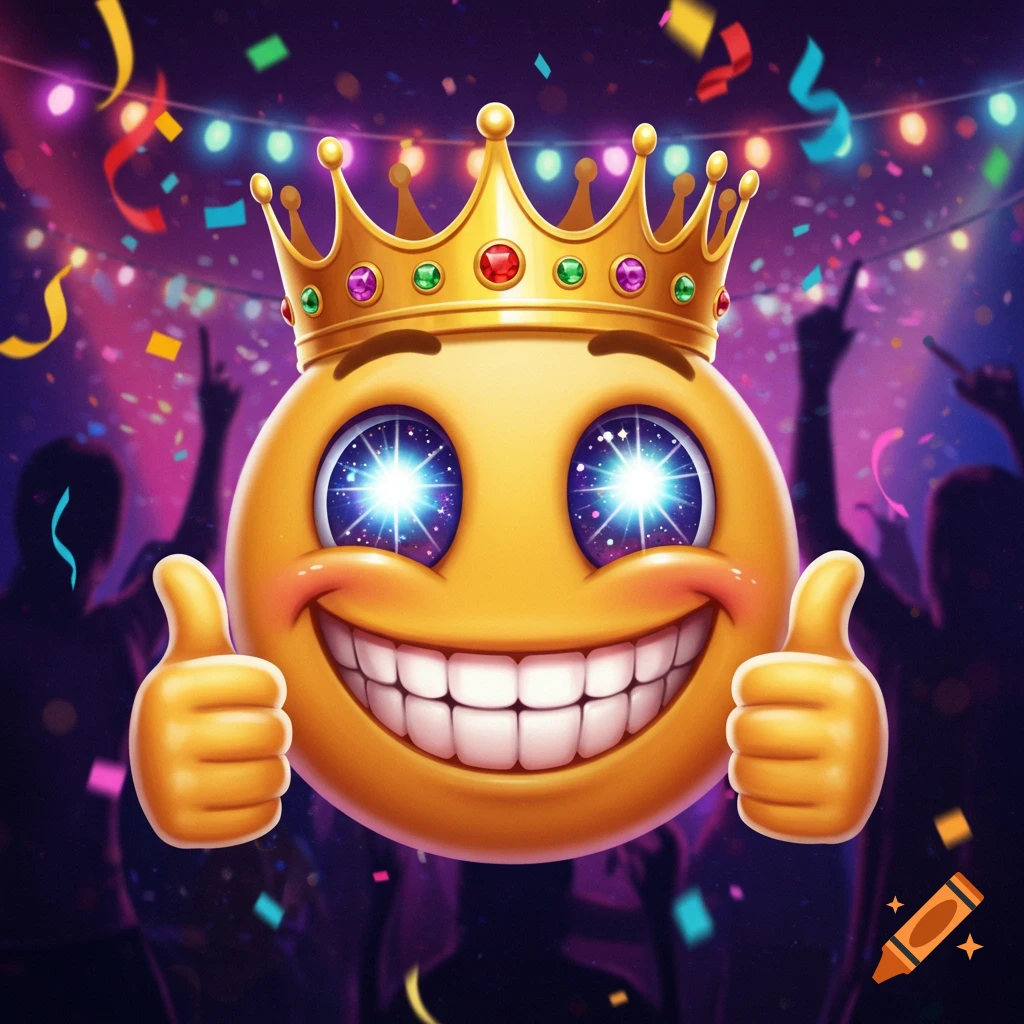 A glossy yellow emoji with sparkling eyes, wide smile, and golden crown, giving two thumbs up at a vibrant party.