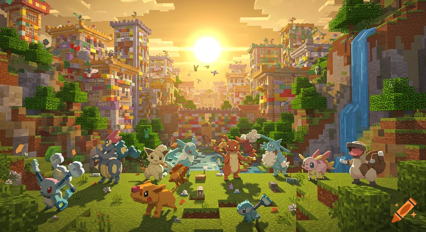Pixel art of various Pokemon in a vibrant Minecraft-style city with a waterfall at sunset.