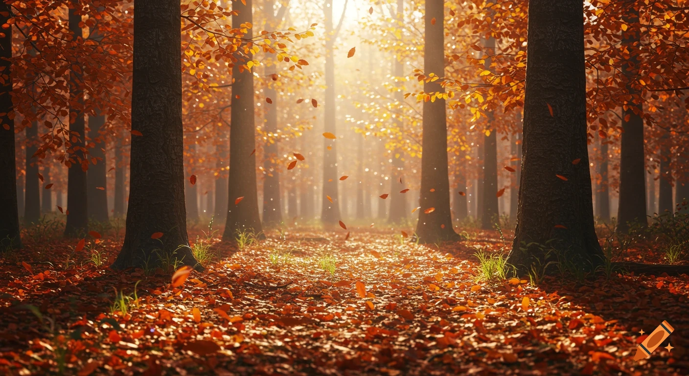 A path covered in fallen orange and red autumn leaves winds through a sunlit forest with tall trees.