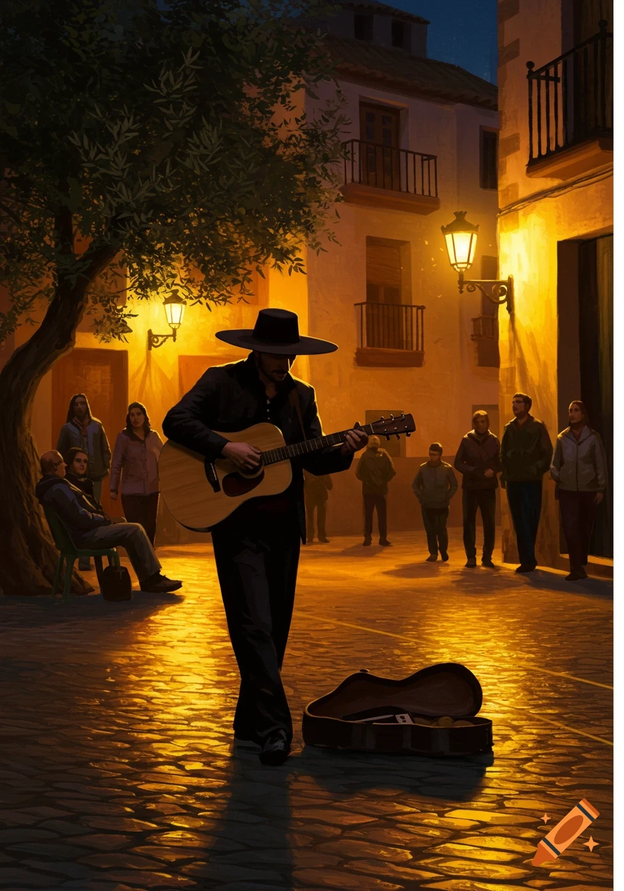 A street musician in a wide-brimmed hat plays a guitar on a cobblestone street at night, lit by warm lamplight, with people watching in the background. Stylized illustration.