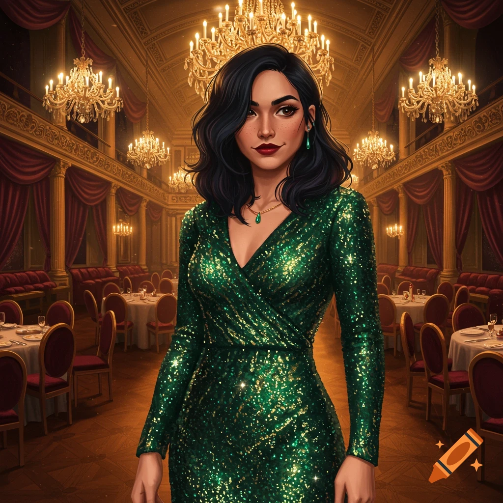 A woman in a shimmering green sequin dress stands in a lavish ballroom with chandeliers, in a digital art style.
