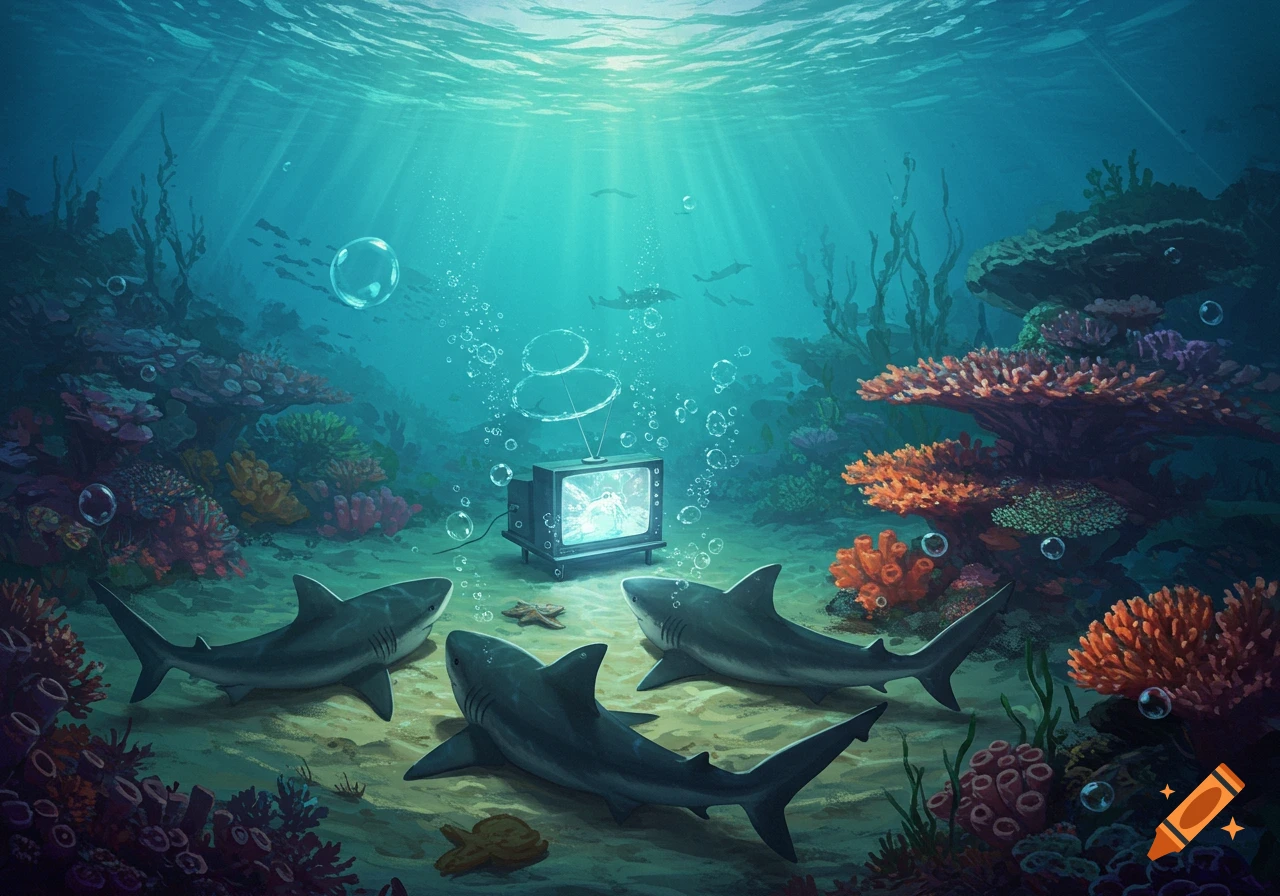 Three sharks watch an old television set on the sandy ocean floor amidst colorful coral reefs, with light rays from the surface.