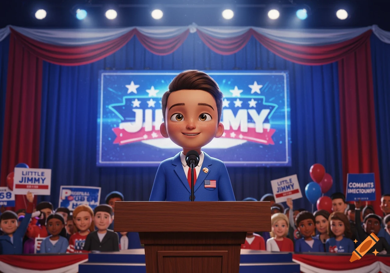 A cartoon boy in a blue suit and red tie, with an American flag pin, stands at a podium giving a speech. Behind him is a large screen displaying "JIMMY" and a crowd holds signs, some reading "LITTLE JIMMY".