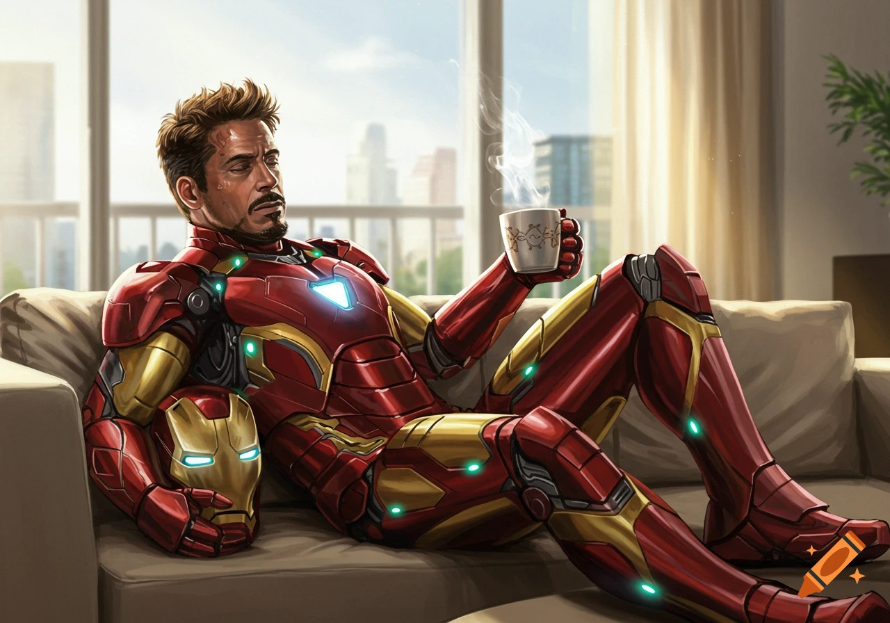 Iron Man (Tony Stark without helmet) relaxes on a couch, holding a steaming coffee cup, in a bright modern apartment.