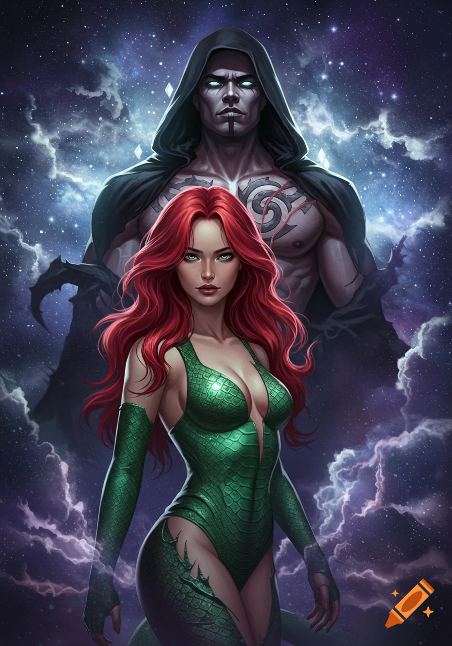 Red-haired woman in green scale costume stands before a hooded man with glowing eyes, against a cosmic nebula and stars background.