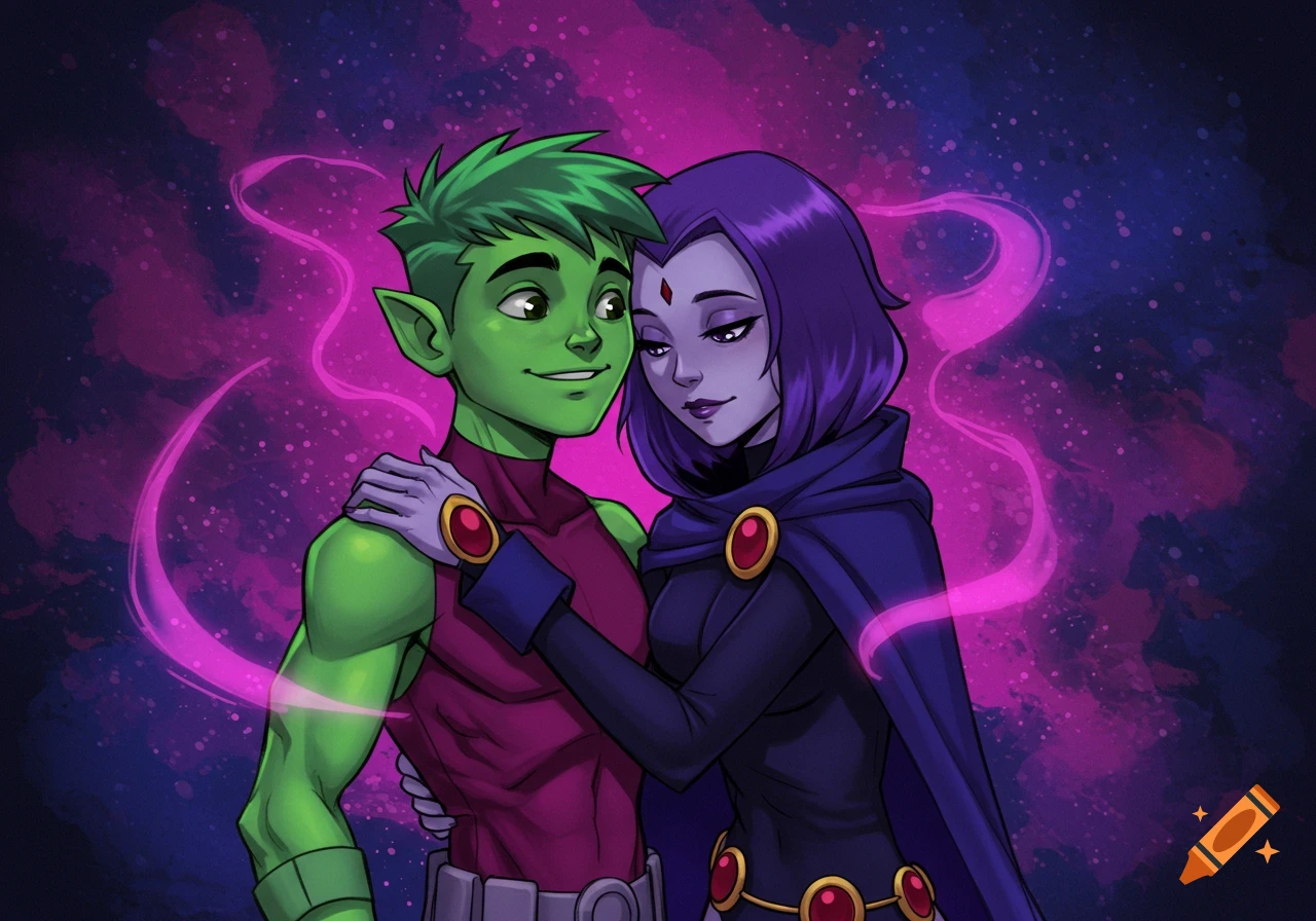 Cartoon illustration of green-skinned Beast Boy embracing purple-haired Raven against a cosmic pink and purple background.