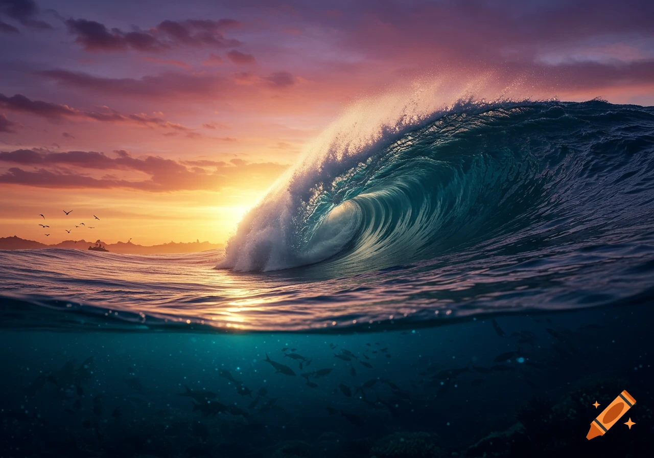 Photorealistic split-level view of a giant ocean wave cresting at sunset, with fish swimming in the clear water below.