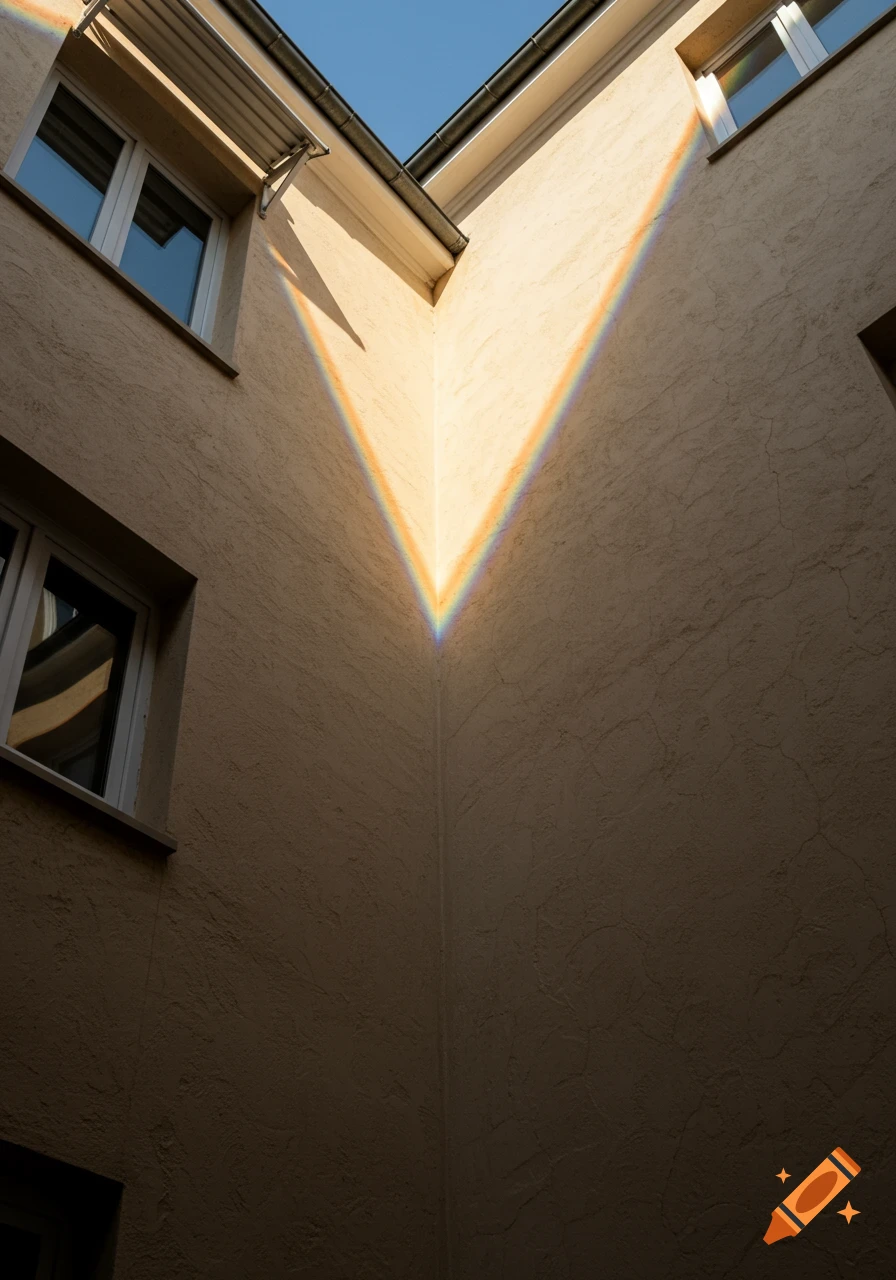 A V-shaped rainbow light beam spans the corner of two beige building walls, with windows visible on the left.