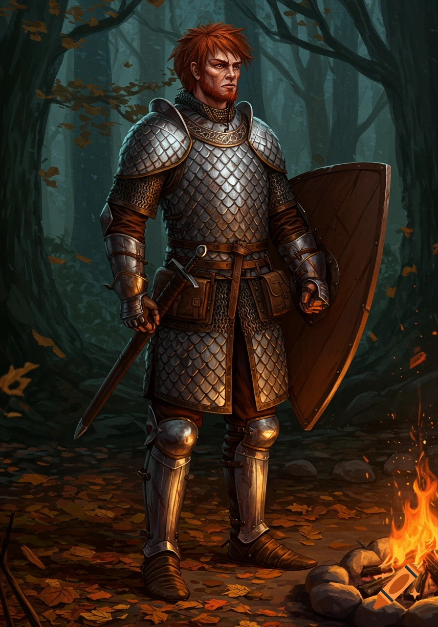 A detailed illustration of a red-haired male fighter in scale mail armor standing in a dark forest next to a campfire, holding a sword and shield.