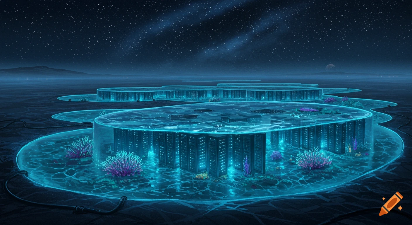 A futuristic liquid-cooled data center on an alien planet, with glowing server racks under shimmering blue liquid like coral reefs, beneath a starry night sky.