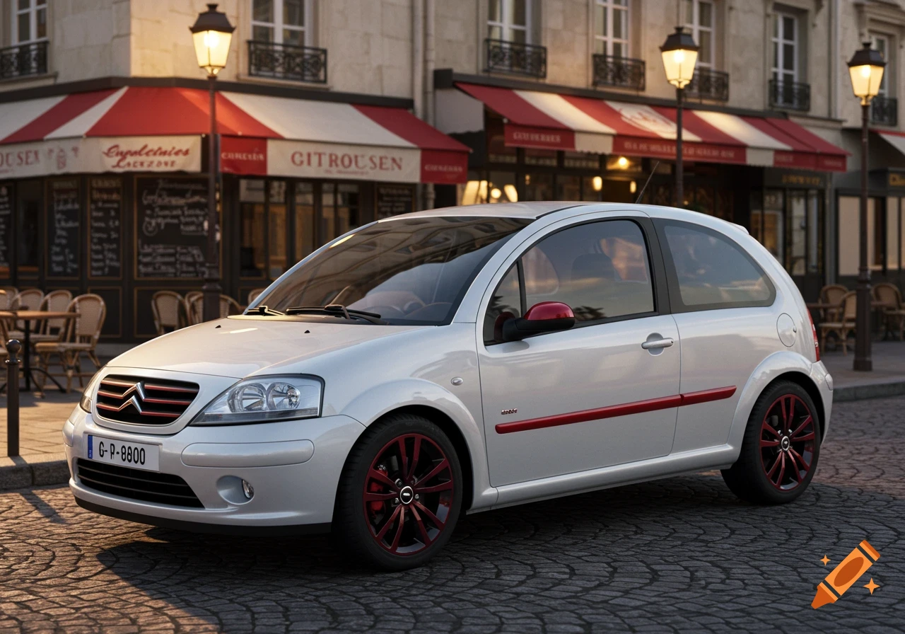A photorealistic image of a white Citroen C3 car with red accents, parked on a cobblestone street in front of a building with cafe awnings and street lamps.