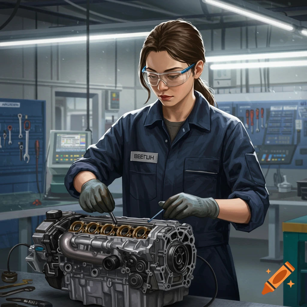 A woman in safety glasses and a dark blue uniform works on a car engine in a well-lit workshop, digital art style.
