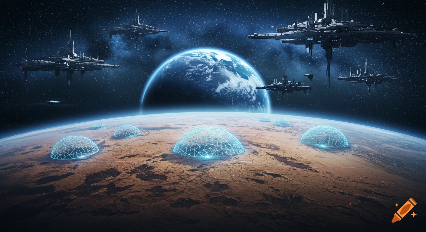 Futuristic view of a barren planet with glowing domes and orbiting spaceships, a large blue planet in the background.