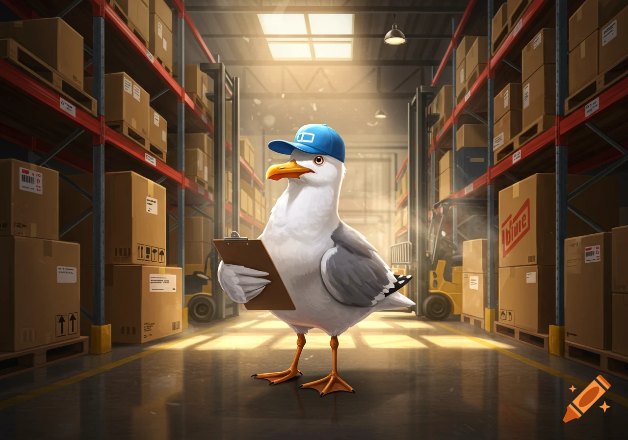 A cartoon seagull in a blue cap holds a clipboard in a sunlit warehouse filled with boxes.