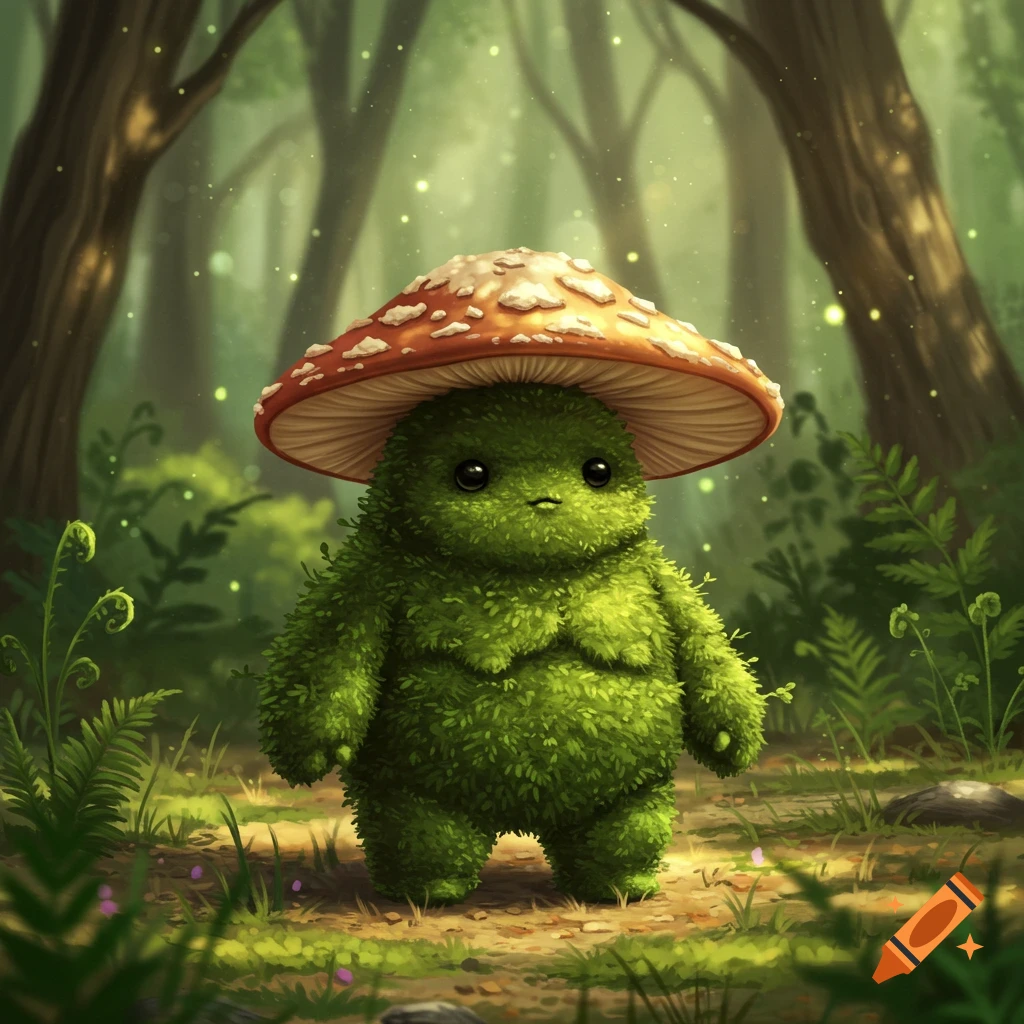 A cute, moss-covered creature with a mushroom hat stands in a magical forest with glowing dust. Digital art.