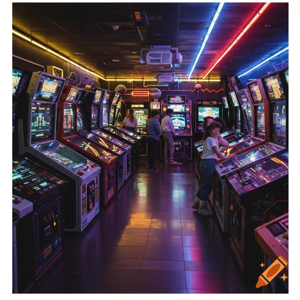 A colorful, retrofuturistic arcade with neon lights illuminating rows of game machines and people playing.