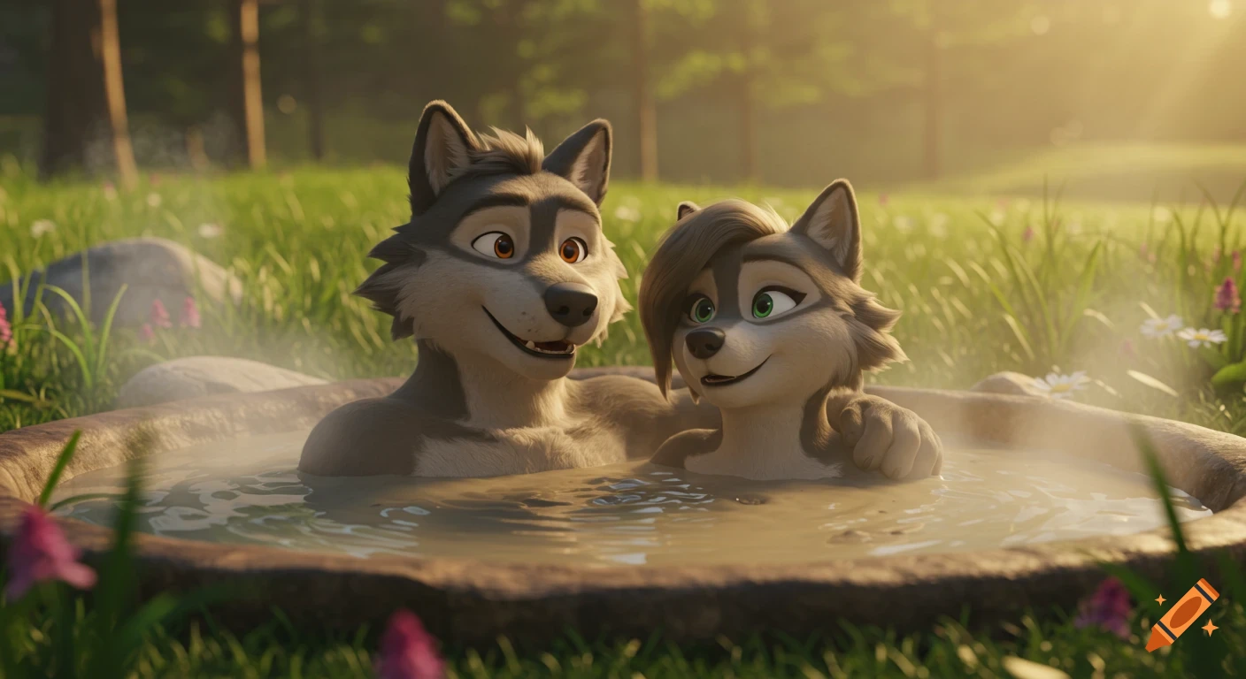 Animated male and female wolves smiling in an outdoor mud hot tub.