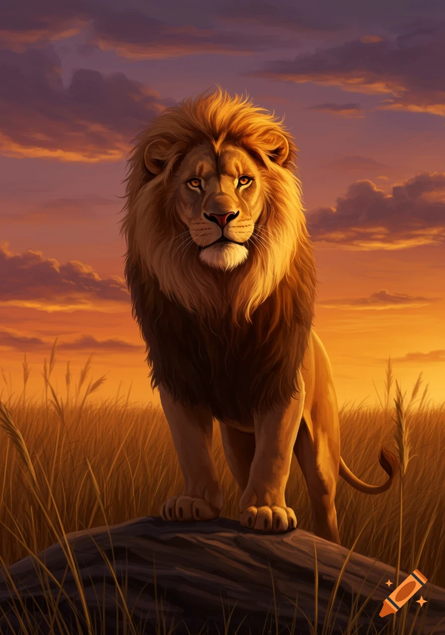 A majestic lion with a golden mane stands on a rock in tall grass against an orange and purple sunset sky.
