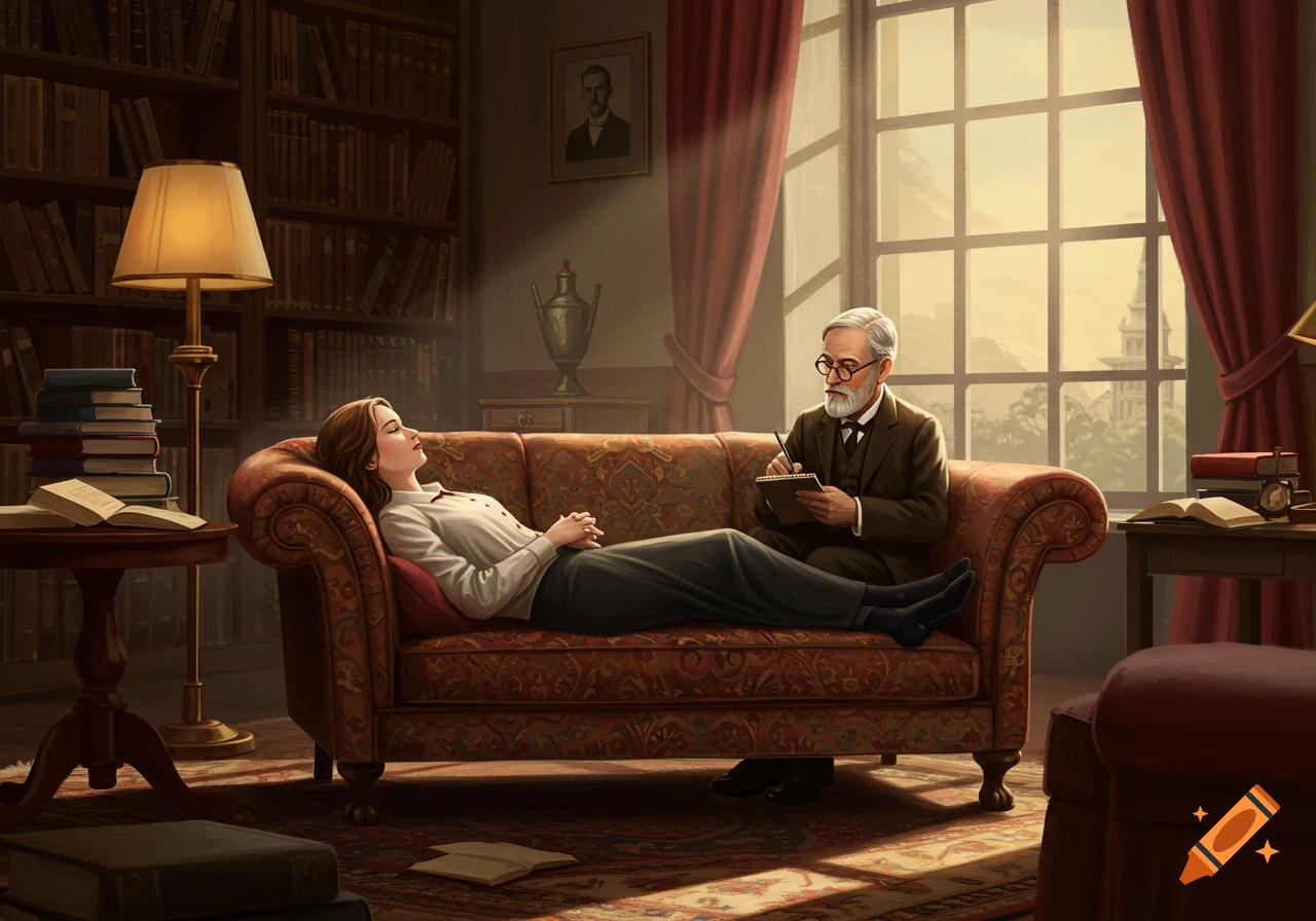 A woman reclines on a patterned couch, eyes closed, while a man in glasses sits, writing notes on a pad in a lamp-lit study with bookshelves and a window.