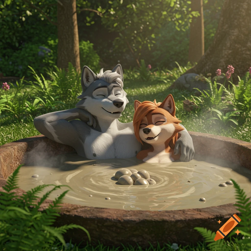 Two happy anthropomorphic cartoon wolves relax in a steaming mud hot tub in a lush forest, 3D animation style.