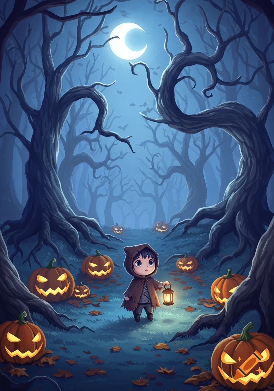 A cute chibi child holds a lantern in a spooky, moonlit forest filled with glowing jack-o'-lanterns and twisted bare trees.