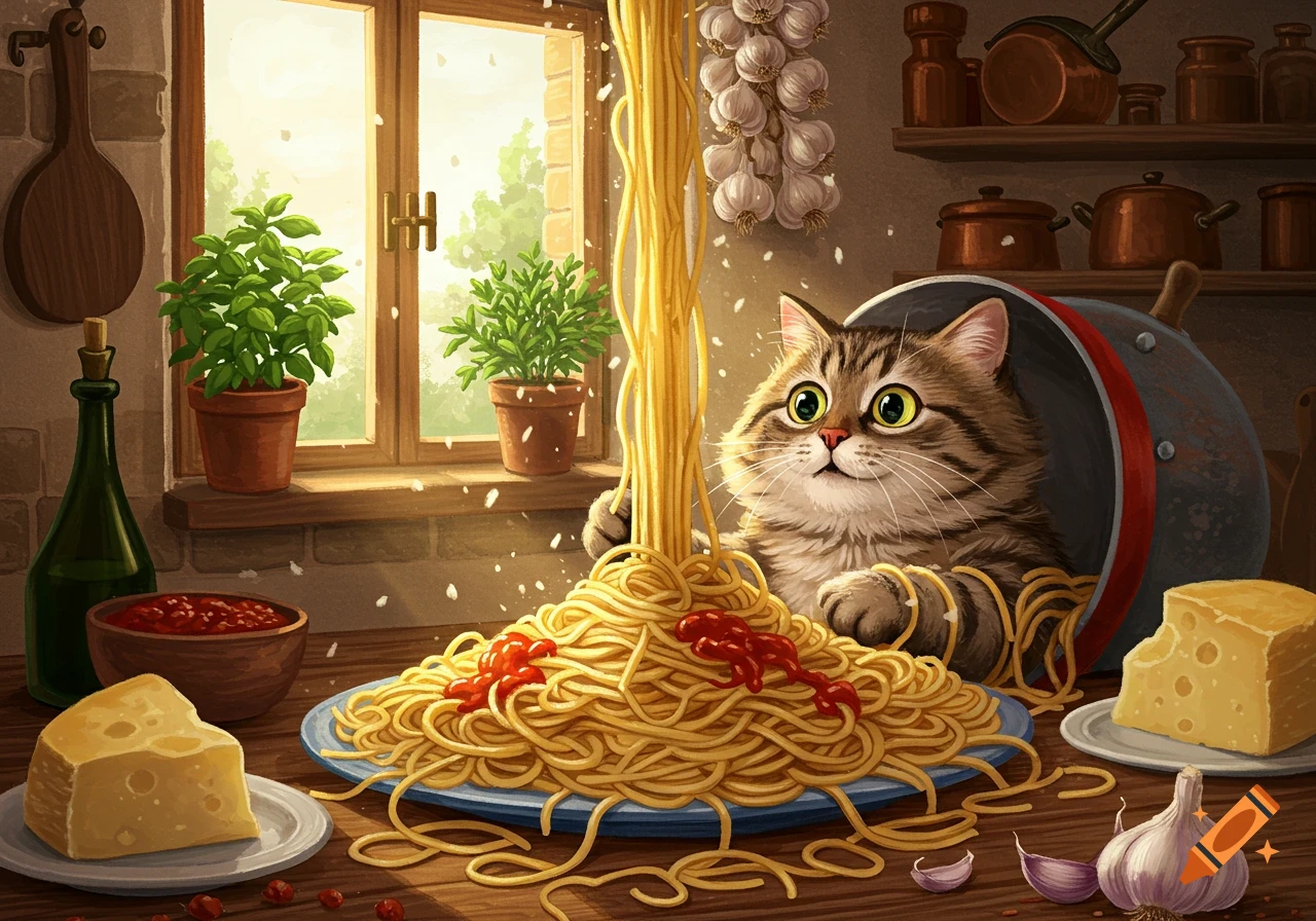 An illustrated fluffy tabby cat sits in a pot, playing with a huge pile of spaghetti and sauce on a rustic kitchen table.