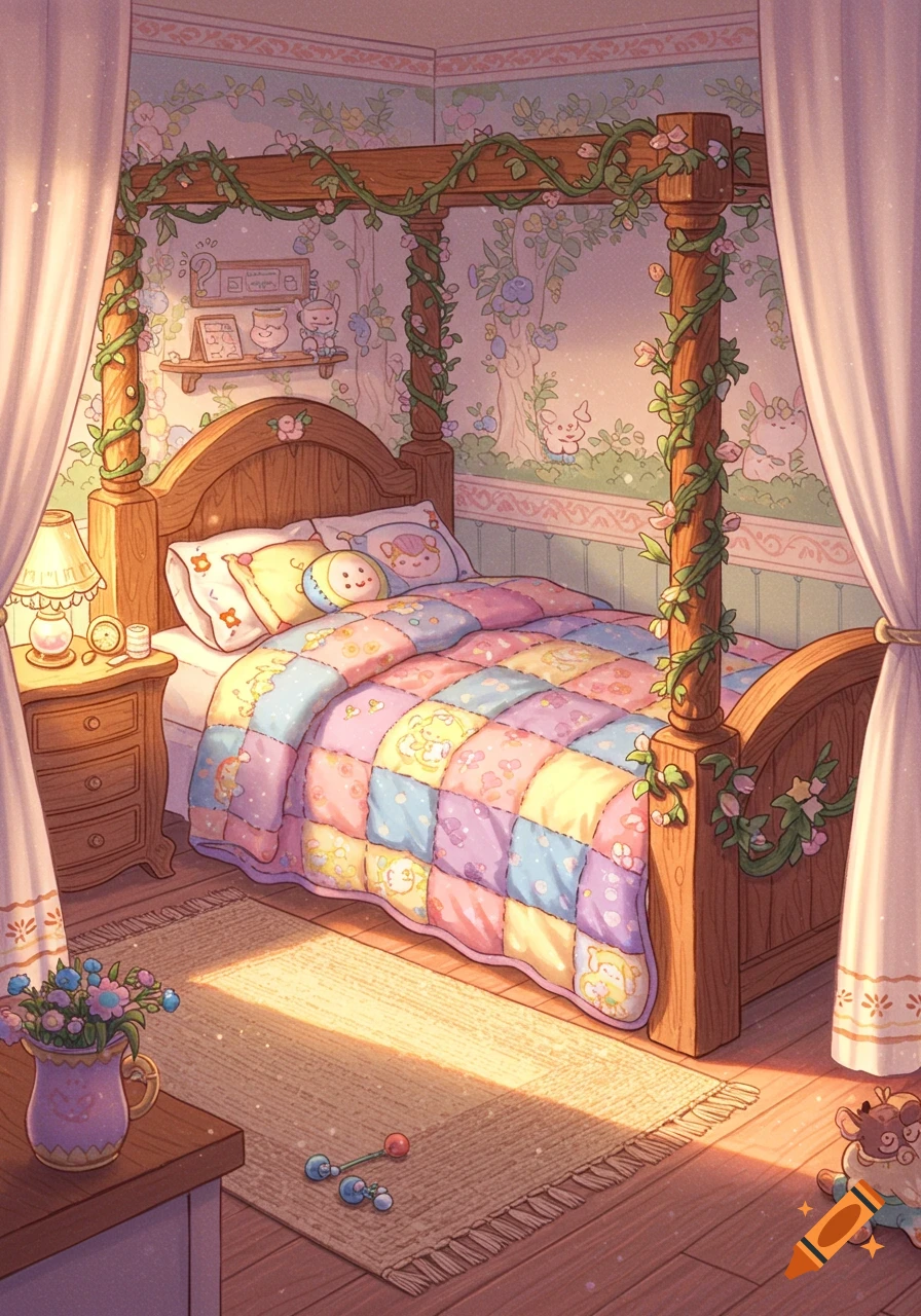 A cozy, cute fantasy bedroom illustration with a four-poster bed, patchwork quilt, floral wallpaper, and sunlight.