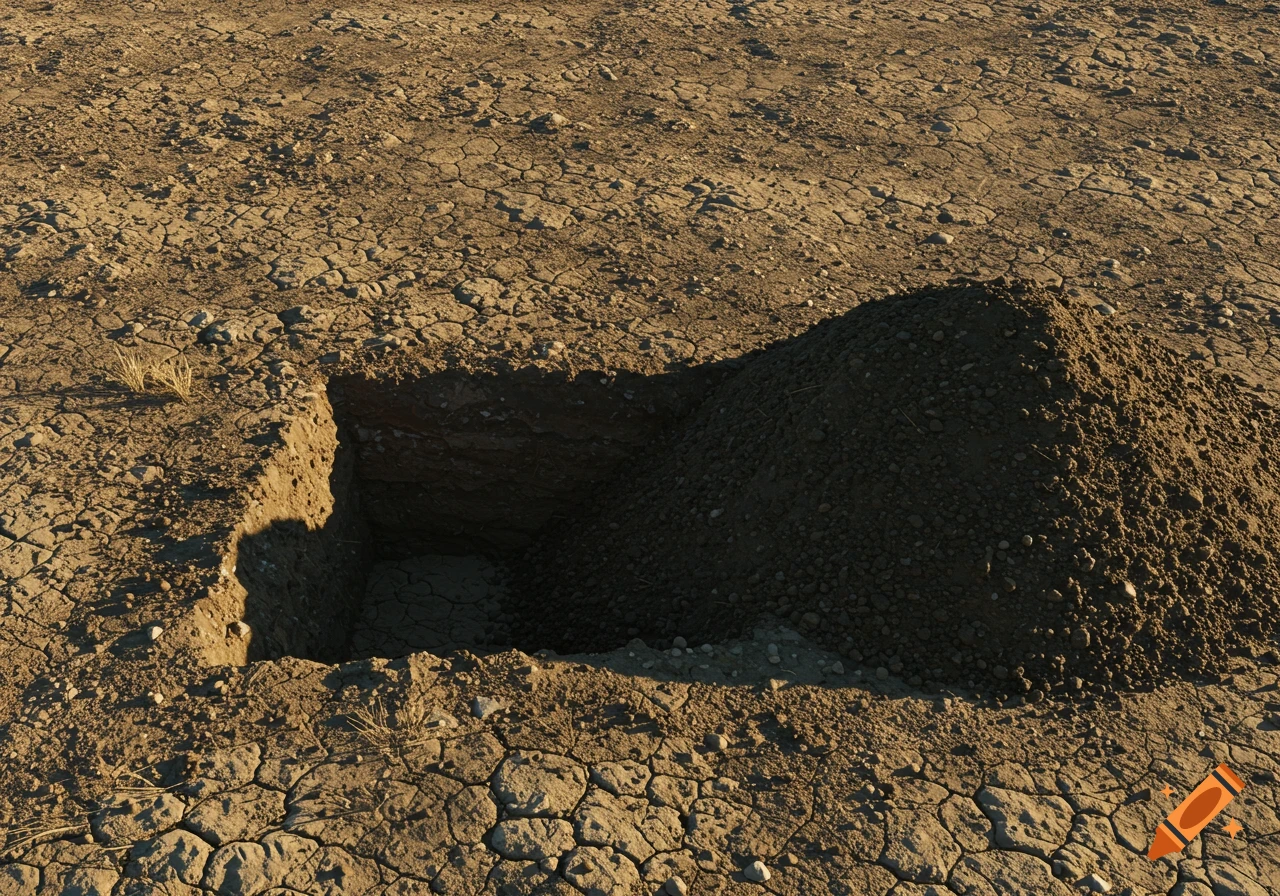 A realistic photo of dry, cracked land with a deep, freshly dug pit and a large mound of loose soil beside it.
