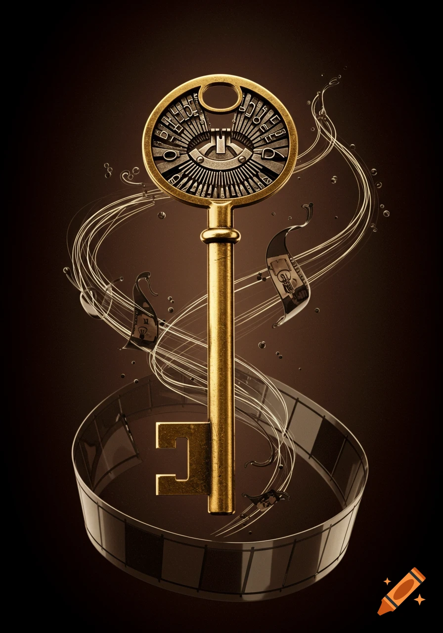 An ornate golden key with a detailed bow, intertwined with film reels and abstract swirling lines, on a dark brown background.