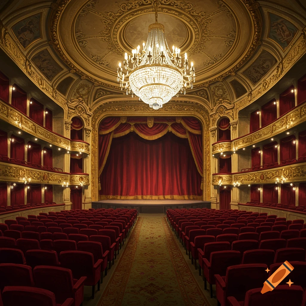 A grand, empty theater with rows of red velvet seats, a red-curtained stage, and an ornate ceiling with a crystal chandelier.
