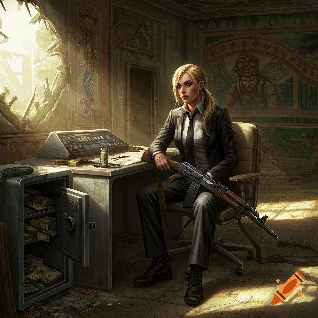 A blonde woman in a black suit sits at a desk holding an AK-47 in a ruined room with an open safe full of money. Digital art.