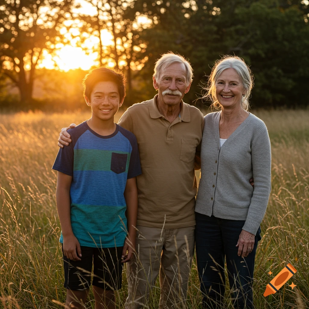 A smiling boy, an older man, and an older woman stand embraced in a sunny grassy field at sunset.