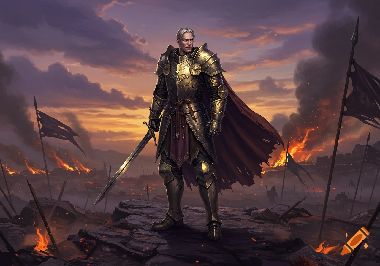 A knight in golden and dark armor with a red cape stands on a rocky hill, sword in hand, overlooking a burning battlefield at sunset.