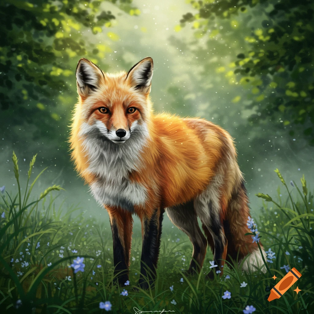 A vibrant red fox stands in a lush forest clearing amidst tall grass and small blue flowers, dappled in sunlight. Digital art.