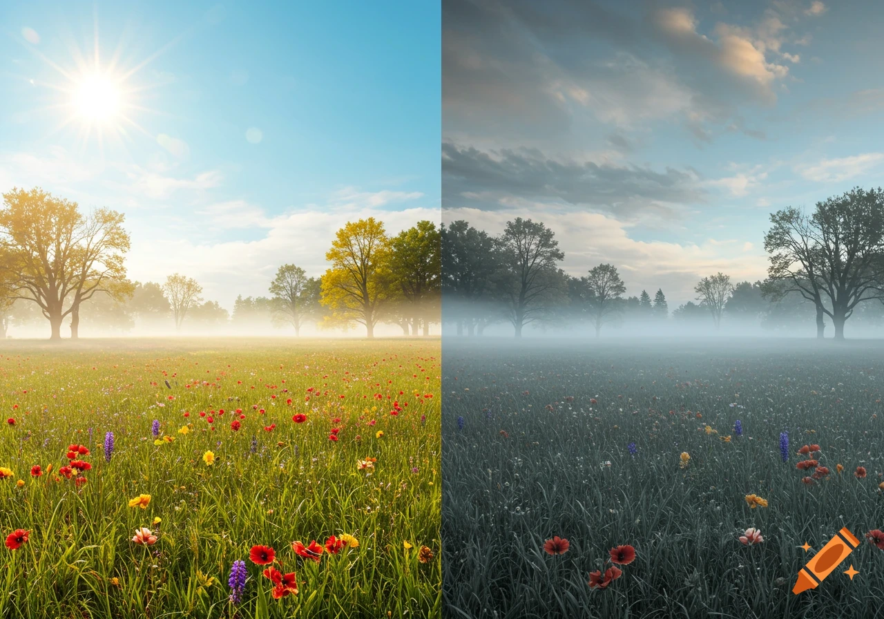 Split image of a vibrant, sunny wildflower meadow and a melancholic, misty grey landscape with trees.