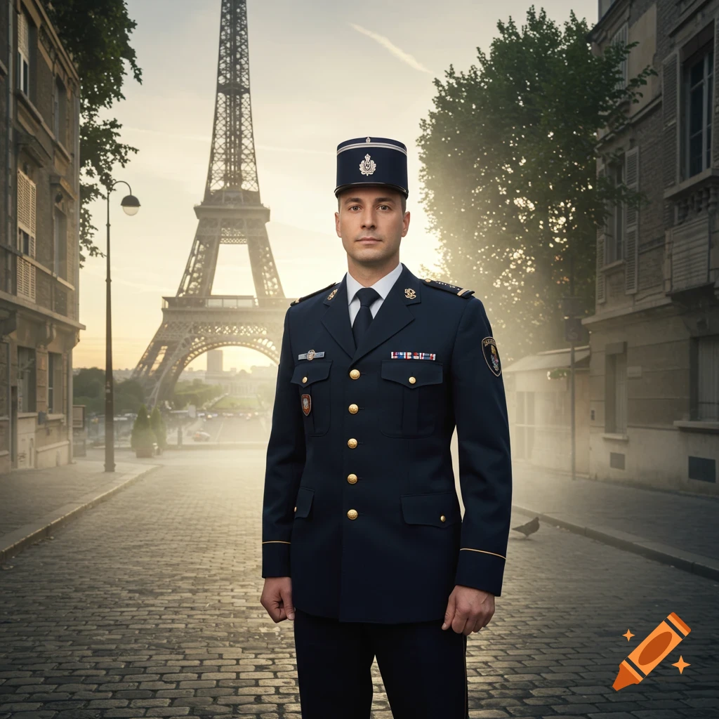 A man in a dark blue French police uniform stands on a cobblestone street with the Eiffel Tower in the background at sunset, photorealistic.