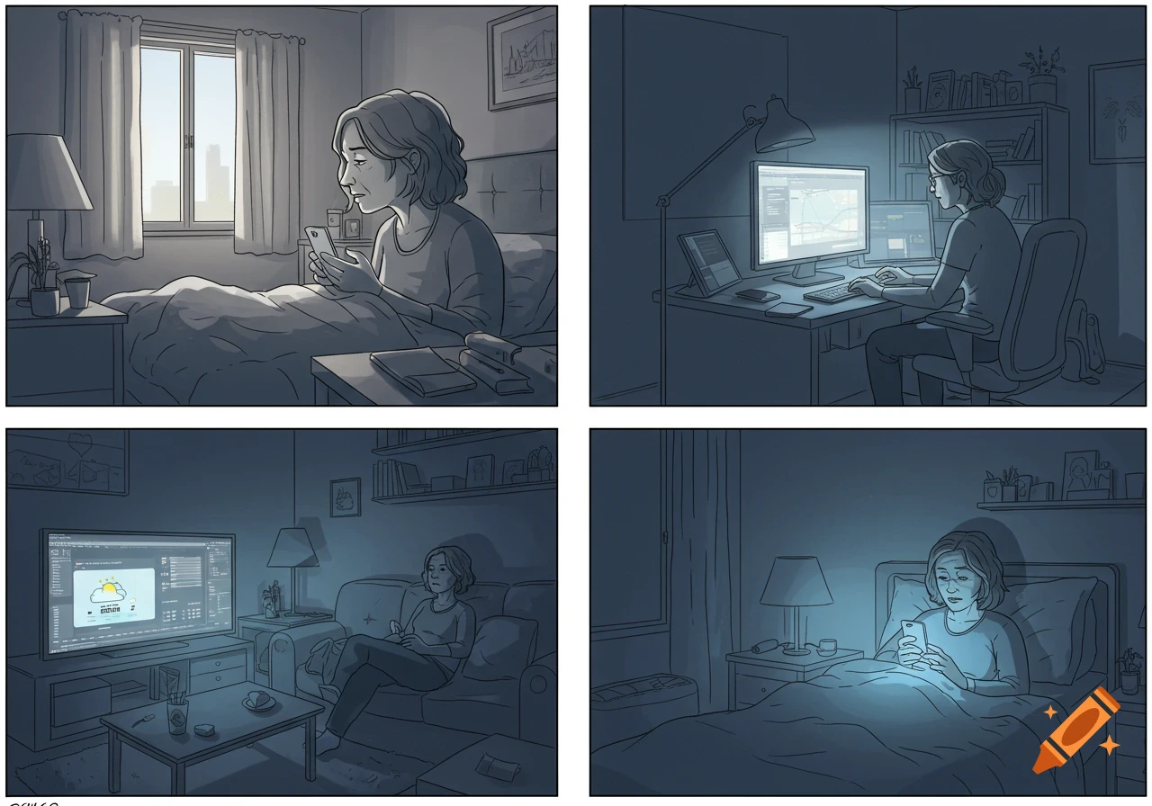 Four-panel comic depicting a woman's day: waking up with her phone, working on a computer, watching TV, and scrolling her phone in bed.