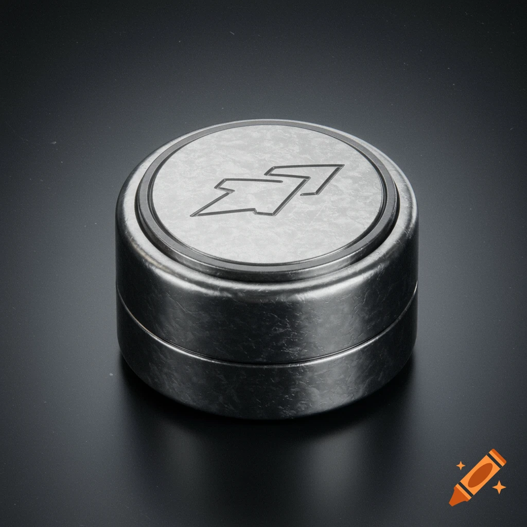 A round, brushed metallic knob with a stylized arrow symbol on its top, in a face-on view against a dark background.