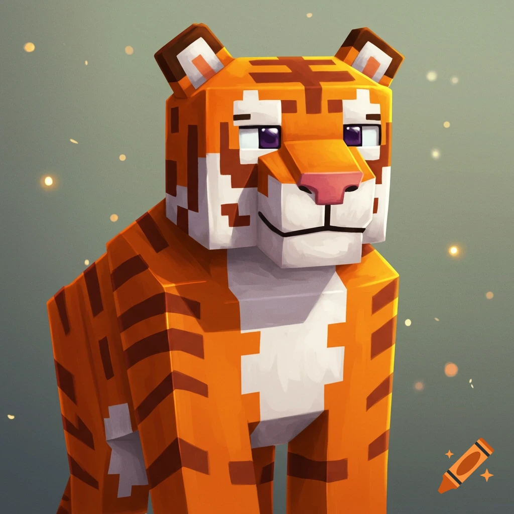 A blocky, orange and white Minecraft-style tiger with purple eyes and a pink nose, looking slightly right.