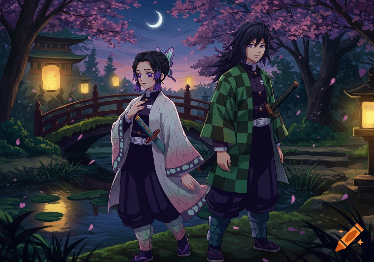 Two anime characters stand in a moonlit Japanese garden with pink cherry blossoms, a pond, and glowing lanterns.