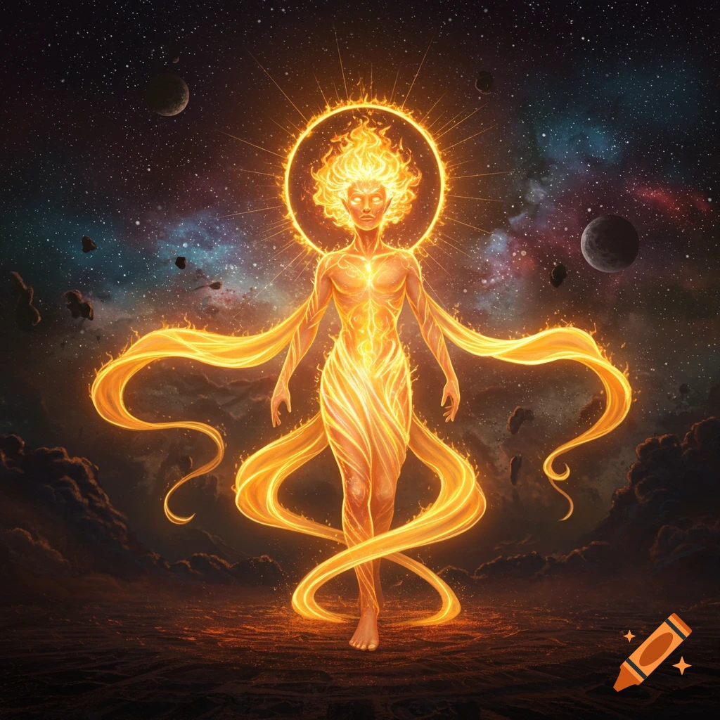 A radiant, fiery human-like figure with a halo of flames stands in a cosmic landscape with planets and nebulae.