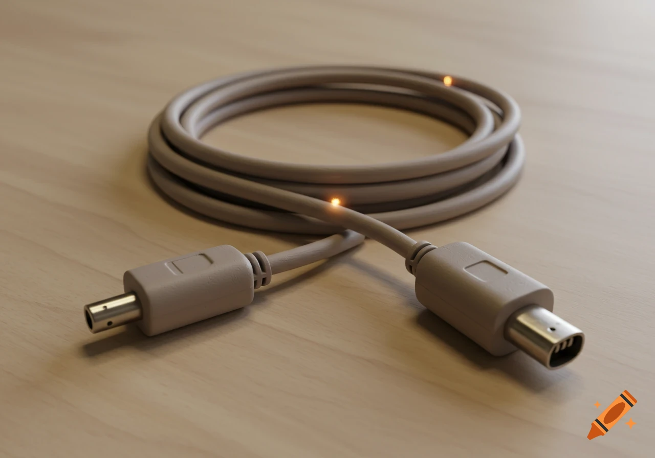 A coiled beige PlayStation-style controller cable, sculpted from clay, rests on a wooden table.