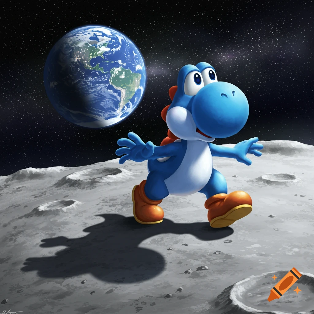 Blue Yoshi, a cartoon dinosaur character, walks on the cratered surface of the moon with Earth visible in the dark starry sky.