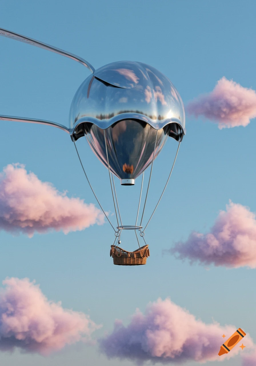 A photorealistic, surreal image of a hot air balloon with a shiny chrome spoon as its balloon, floating in a blue sky with pink clouds.