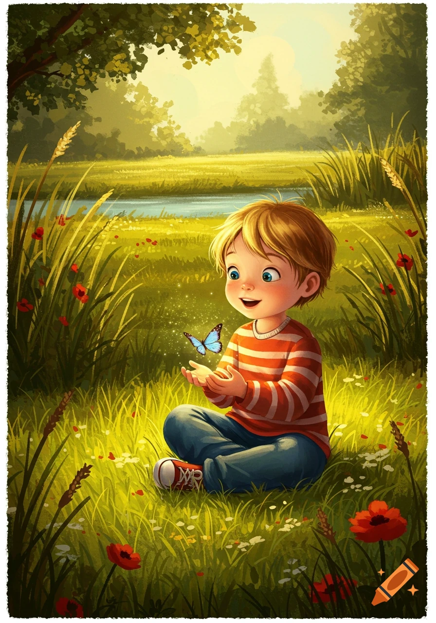 A charming children's illustration of a smiling boy sitting in a sunny field, looking at a magical blue butterfly hovering above his hands.