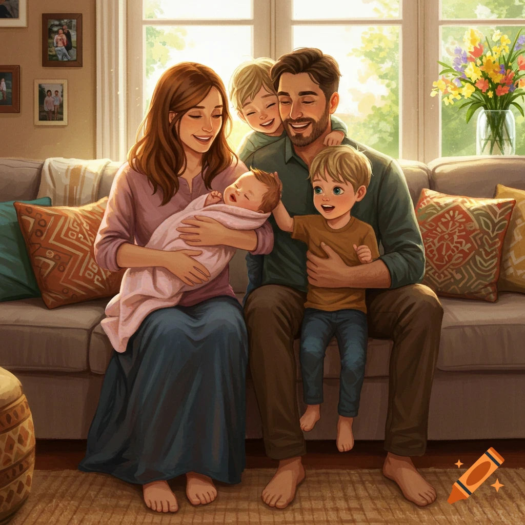 An illustrative family portrait with parents and three children, including a baby, smiling on a sunlit couch.