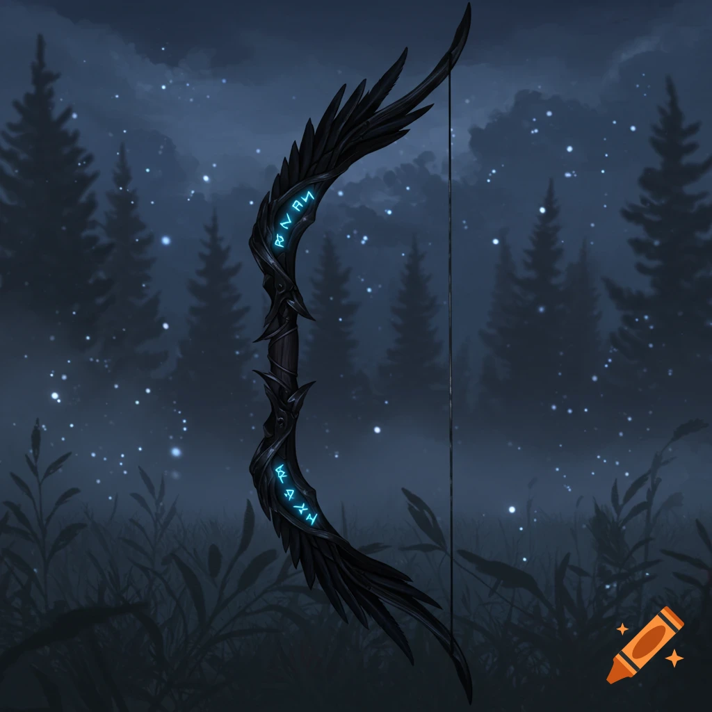 A black, feathered fantasy shortbow with glowing blue runes, standing upright in a dark, starry forest with silhouetted trees.
