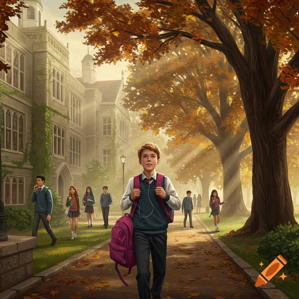 Illustrated scene of a teenage boy walking on an autumn school campus with a backpack and earbuds, other students in the background.